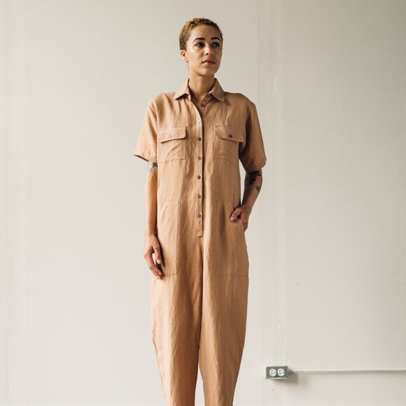 OZMA Pants - OZMA of California - Jumpsuit, Silk/Linen Blend, Khaki (size S)